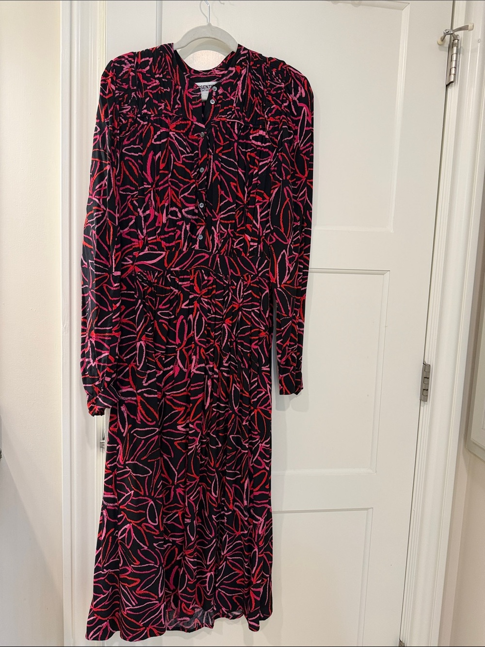 Long Sleeve Black Dress with Pink & Red Leaf Print